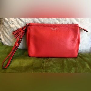 Coach Coral Red Leather Large Wristlet with Tassel